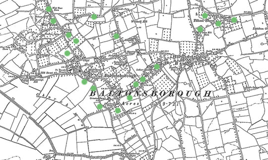 Old map of Baltonsborough showing orchards