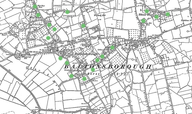 Old map of Baltonsborough showing orchards